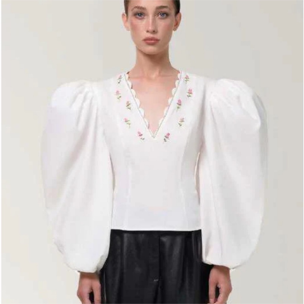 ANOUKI Designer Sz L Rose Ebroidered-Collar Puff-Sleeve Victorian Blouse NWOT